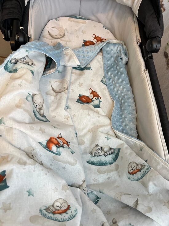 Komplekts - minky sedziņa un ratu paladziņš ar gumiju - “Dzīvnieciņi uz spilvena”