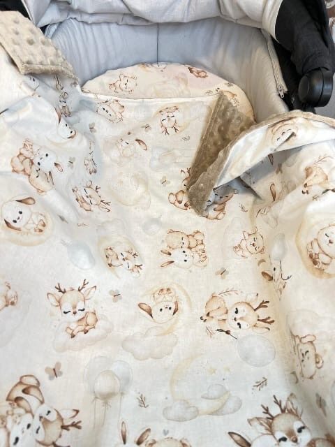 Komplekts - minky sedziņa un ratu paladziņš ar gumiju - “briedīts ar draugiem”