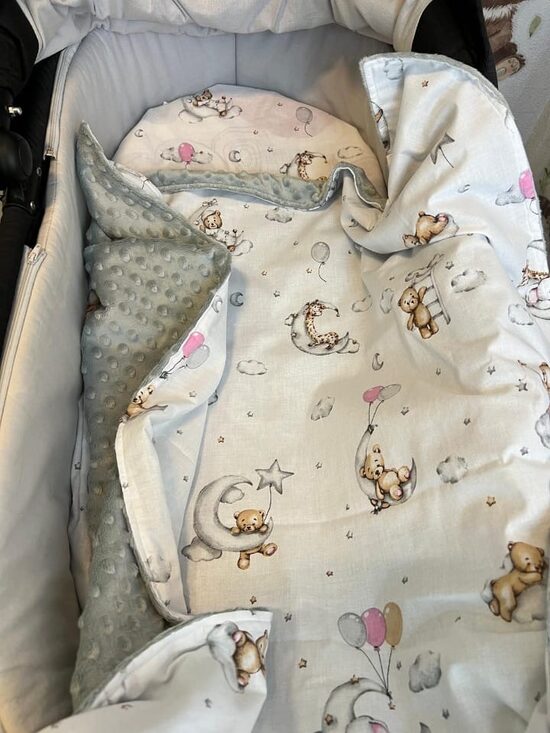 Komplekts - minky sedziņa un ratu paladziņš ar gumiju - “Lācītis uz mēness”